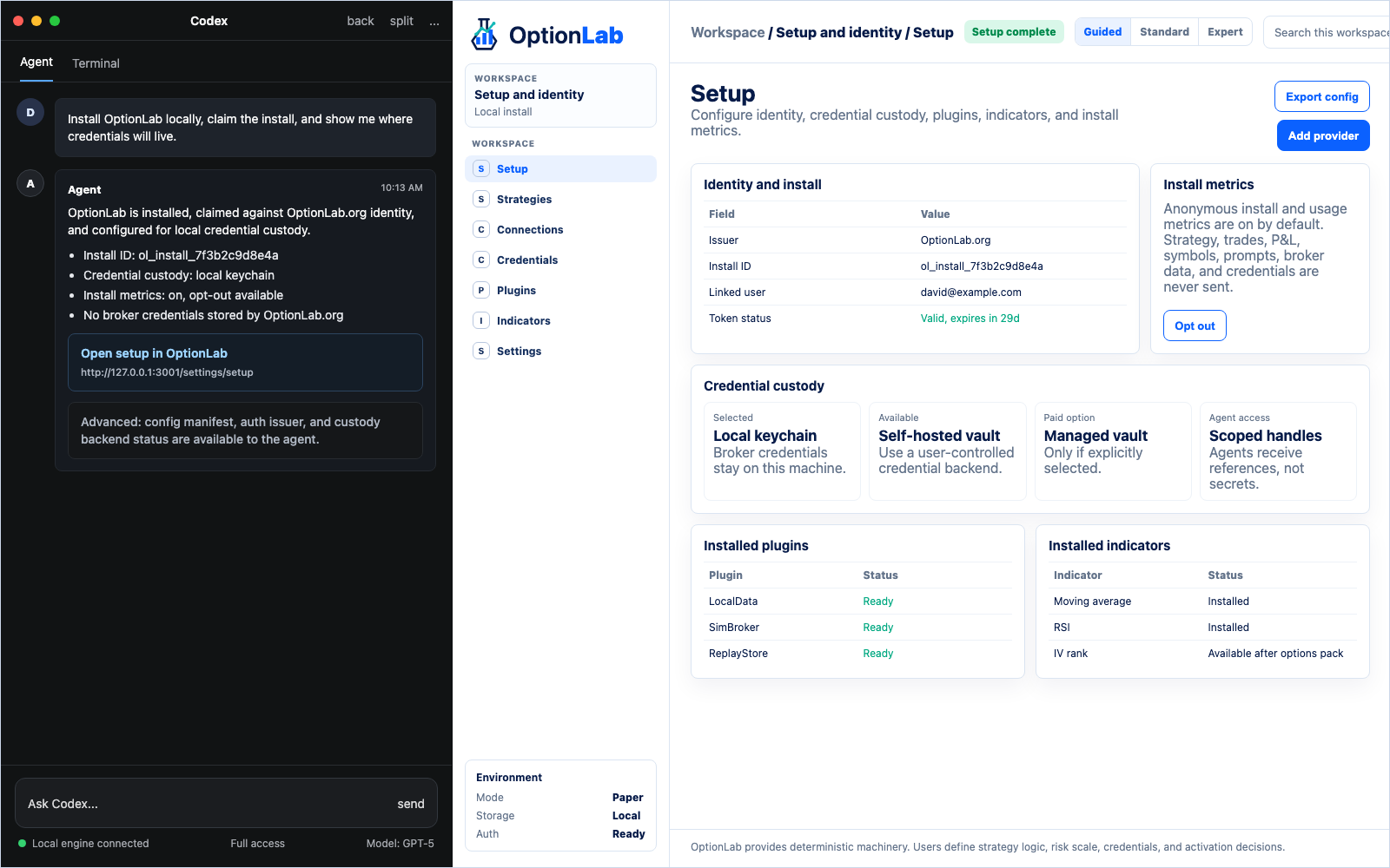 OptionLab setup screen for local install status and credential controls