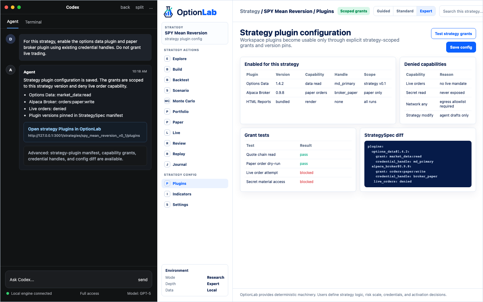 OptionLab strategy plugin configuration screen with provider scopes