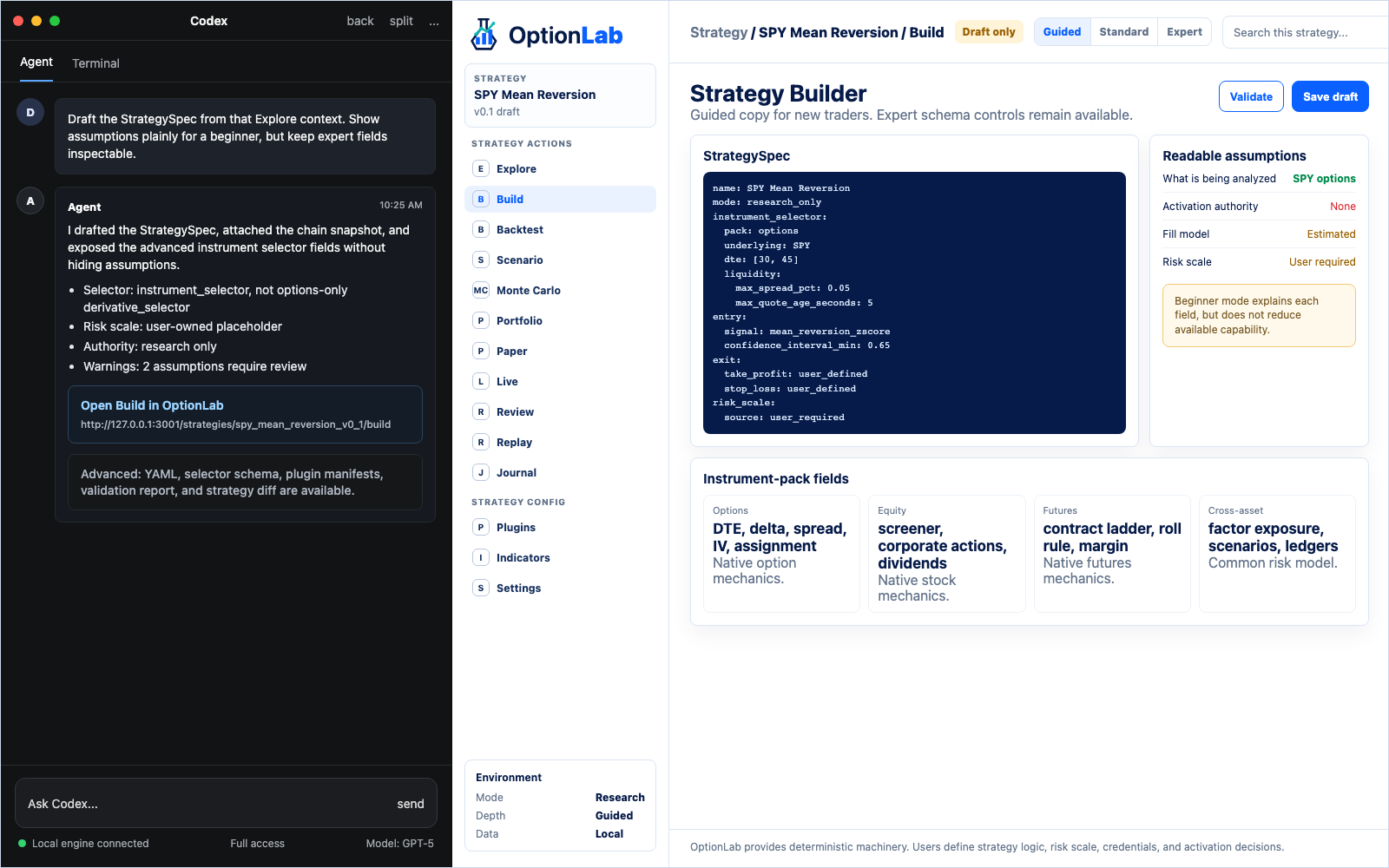 Agent-driven StrategySpec build screen in OptionLab