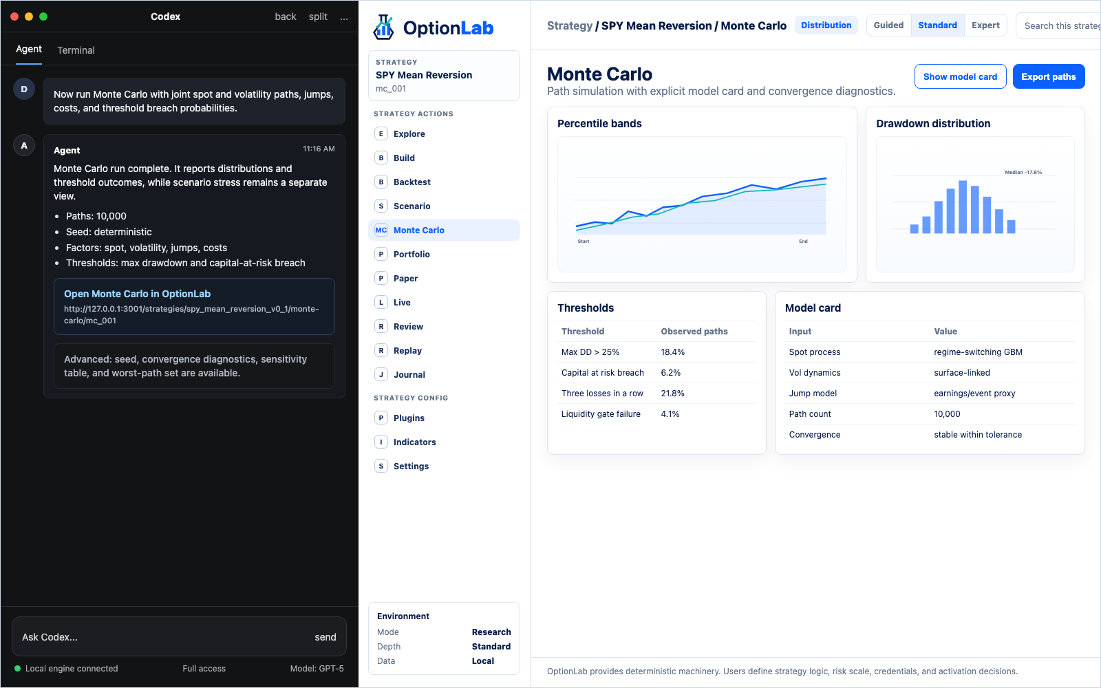 OptionLab Monte Carlo path risk view with percentile bands