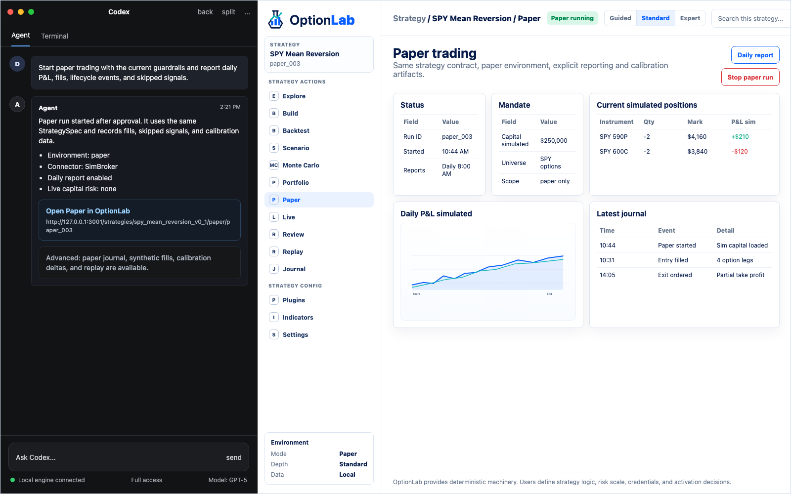 OptionLab paper trading monitor with positions, fills, and warnings