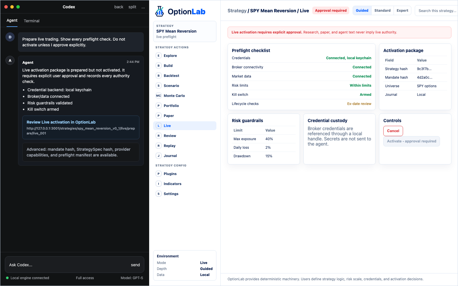 OptionLab live preflight activation screen with broker readiness checks